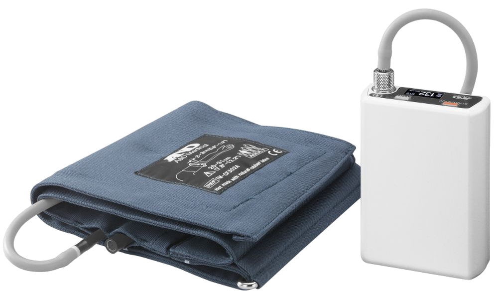 Ambulatory blood pressure recorder connected to an upper-arm cuff.