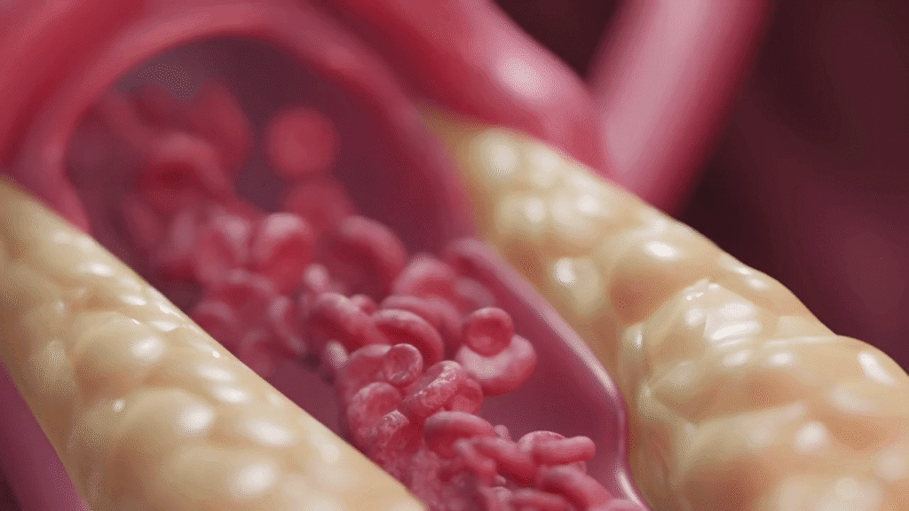 Cholesterol causing narrowing of a heart artery, impacting blood flow.