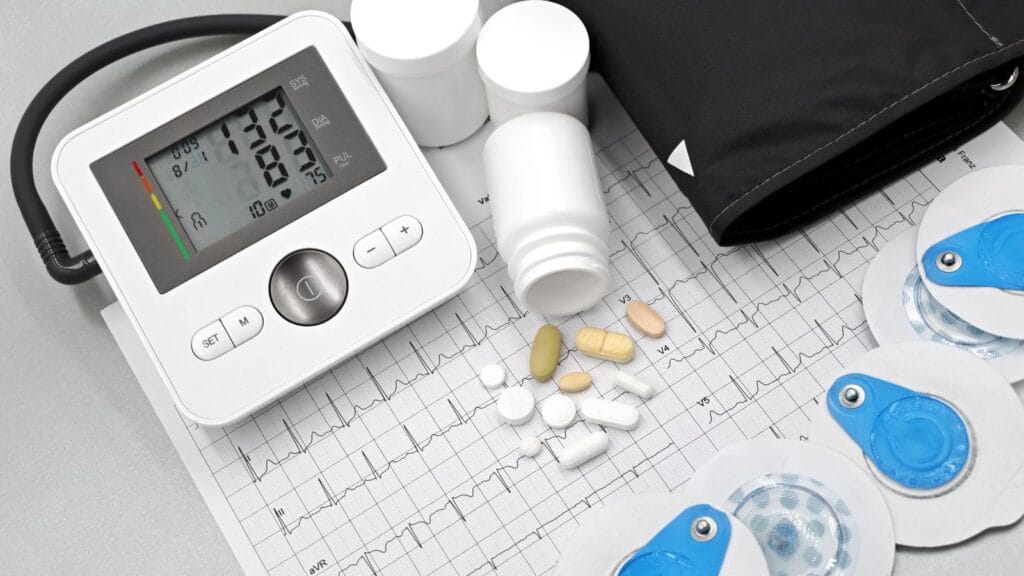 Heart rhythm trace with tablets and equipment used to monitor cardiovascular health