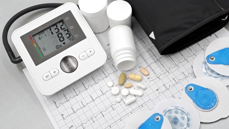 Heart rhythm trace with tablets and equipment used to monitor cardiovascular health