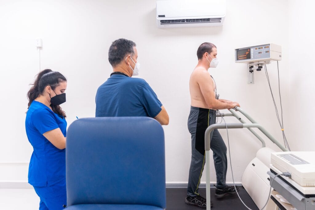 Cardiac exercise testing used to assess breathlessness and heart symptoms.